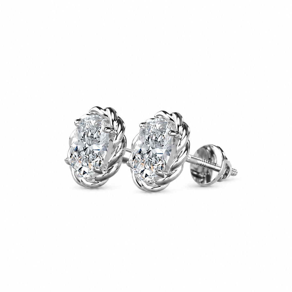 Oval Cut Diamond Stud Earrings with Twisted Rope Frame