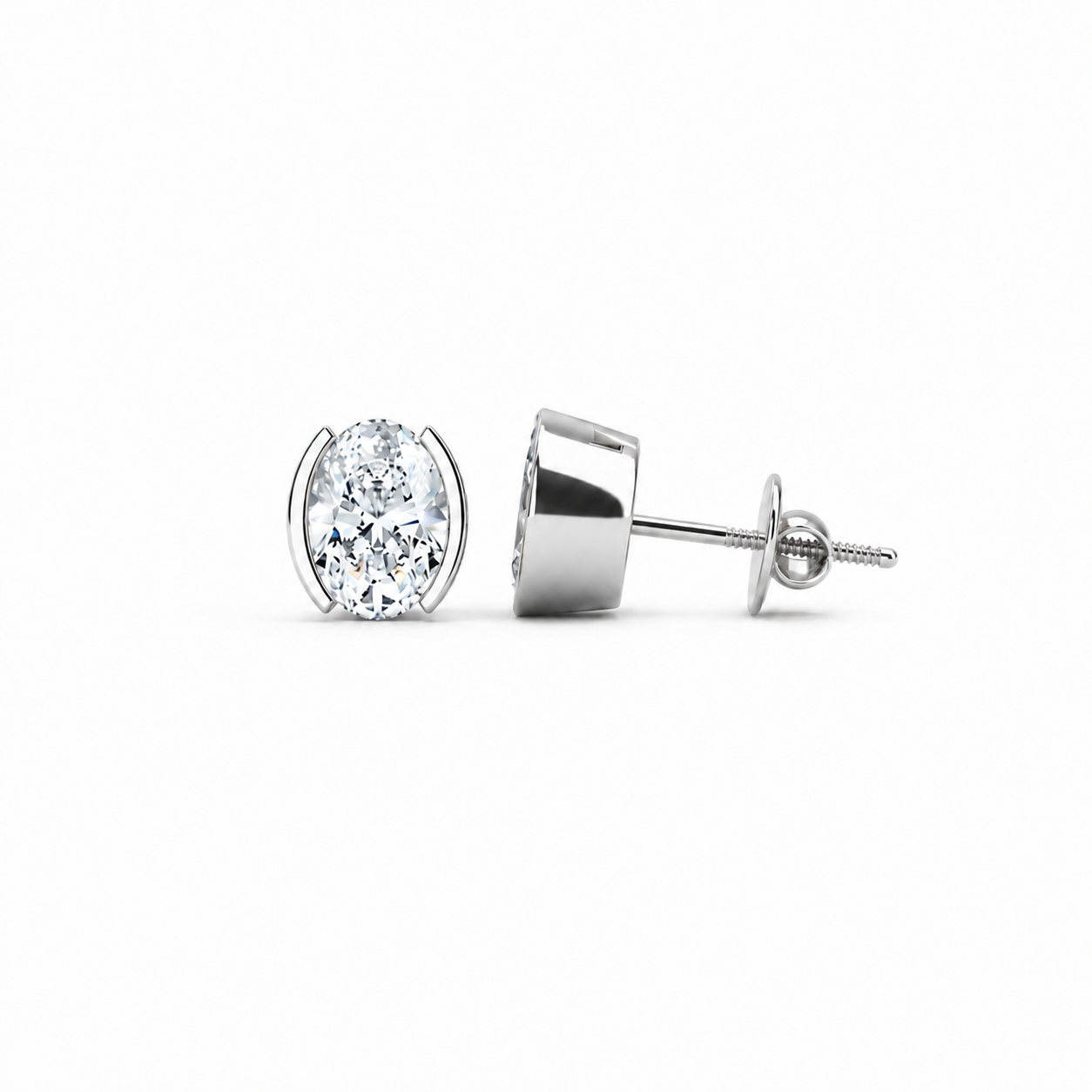 Oval Cut Diamond Stud Earrings with Half Bezel Setting
