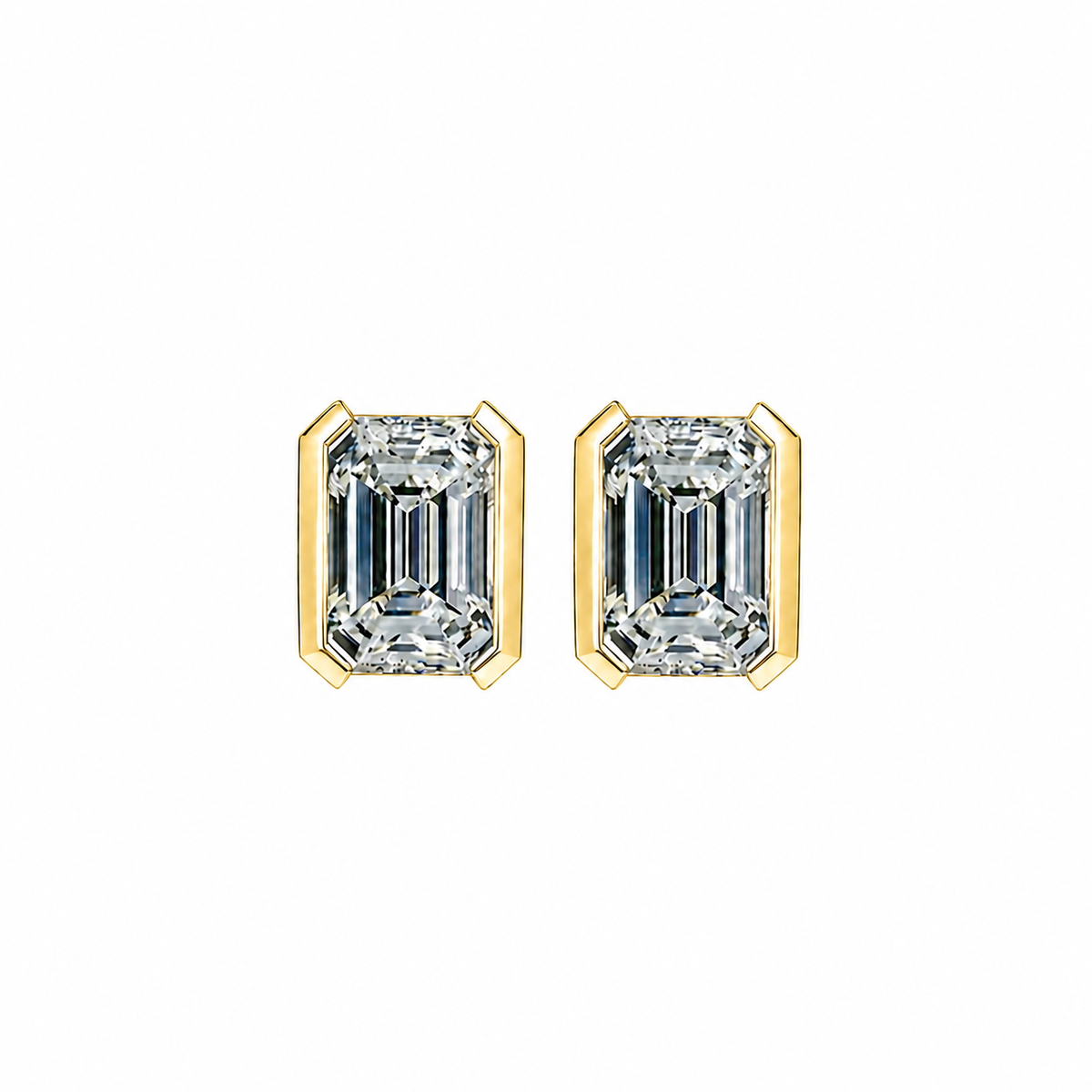 Emerald Cut Diamond Stud Earrings with Half Bezel Setting