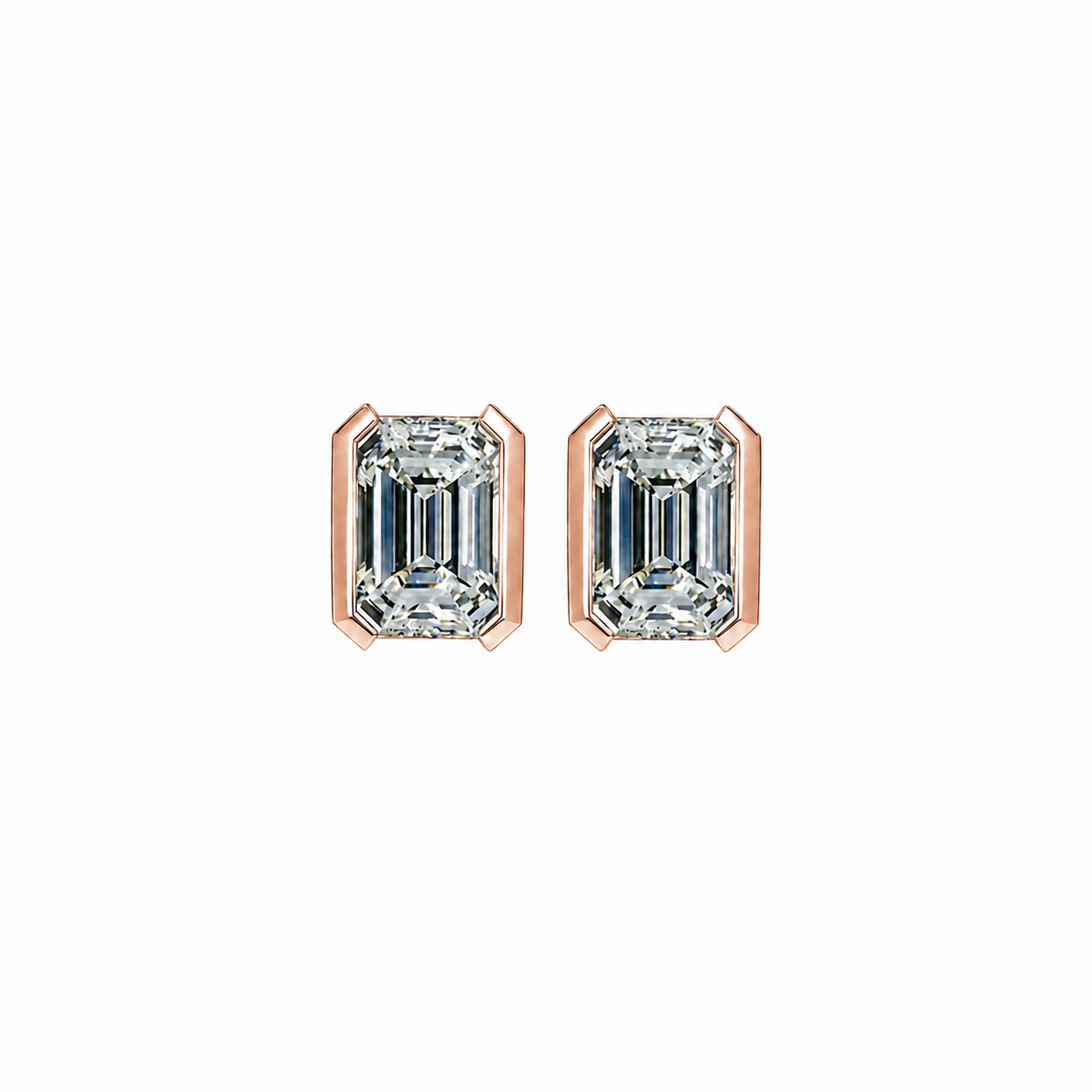Emerald Cut Diamond Stud Earrings with Half Bezel Setting