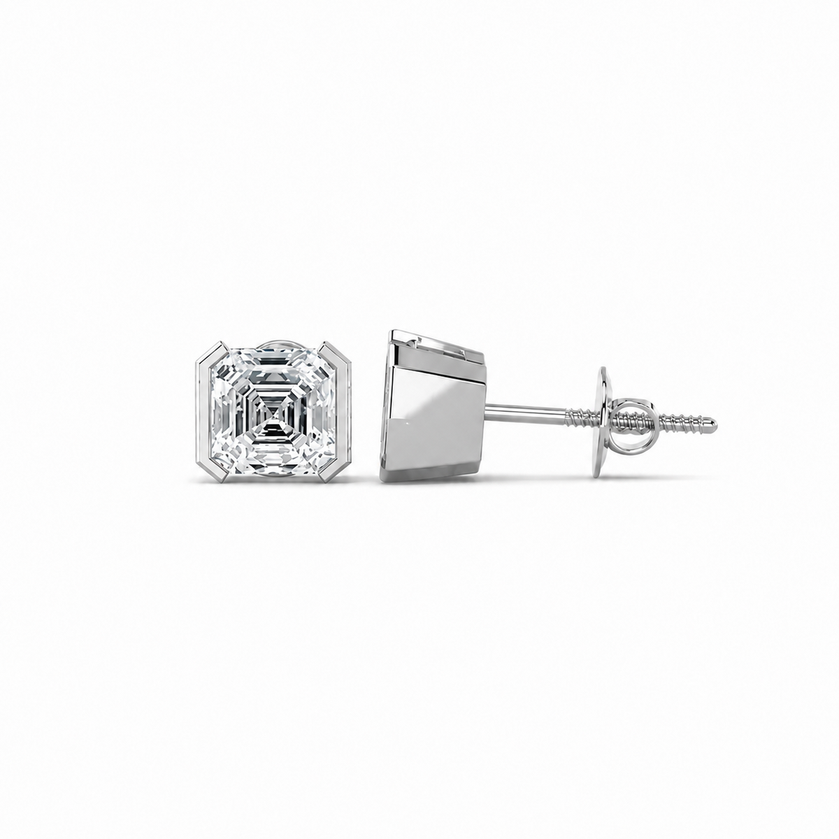 Asscher Cut Diamond Stud Earrings with Half Bezel Setting