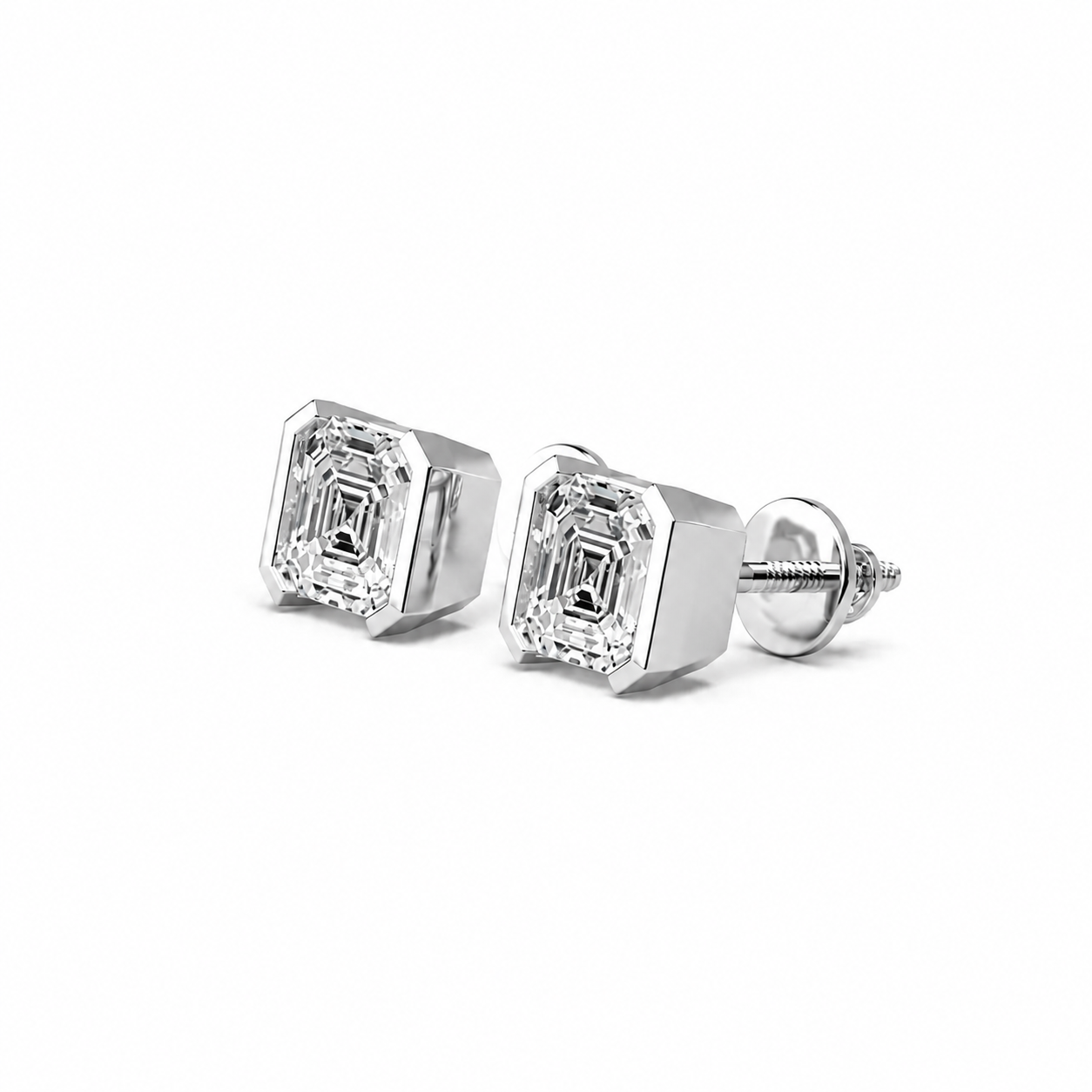 Asscher Cut Diamond Stud Earrings with Half Bezel Setting