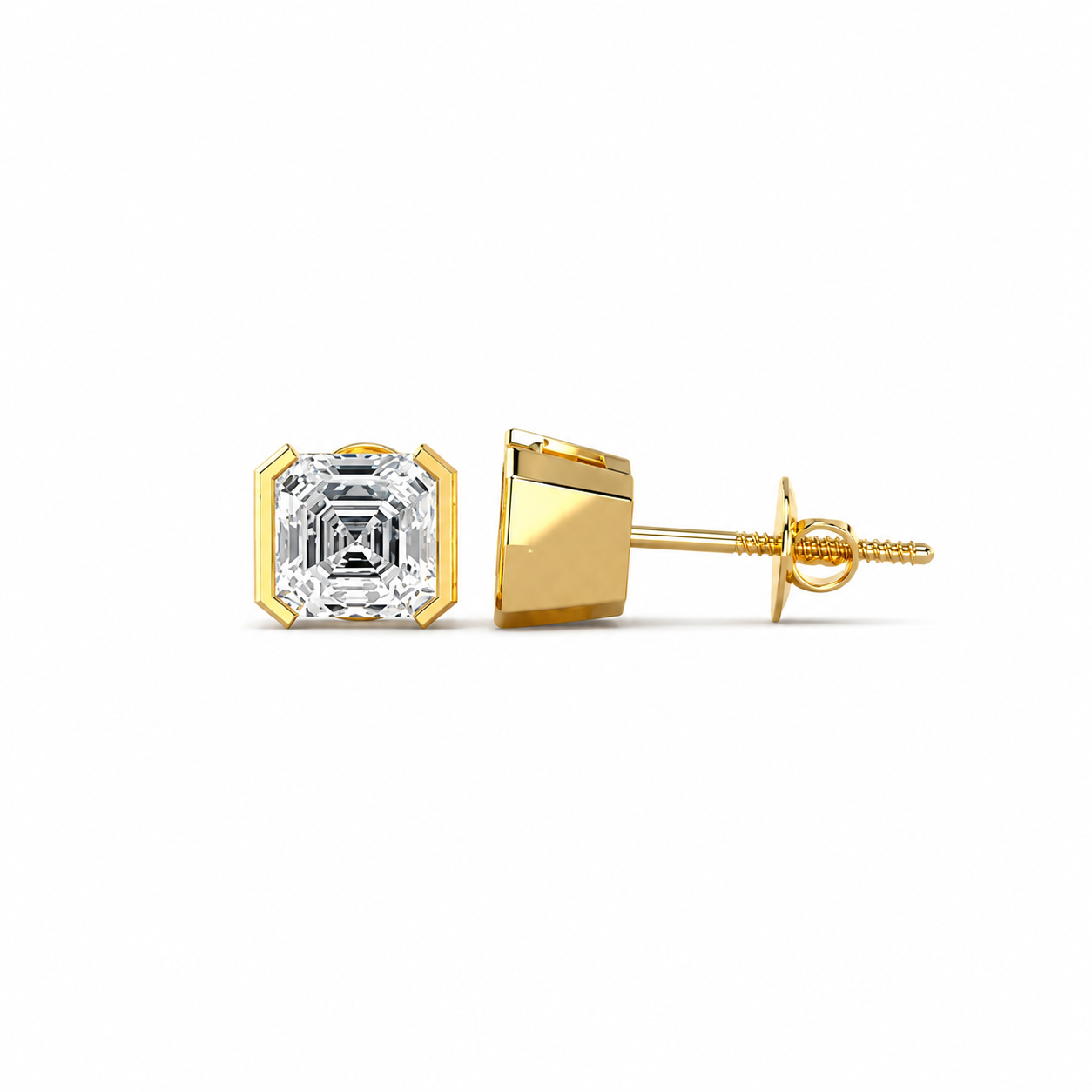 Asscher Cut Diamond Stud Earrings with Half Bezel Setting