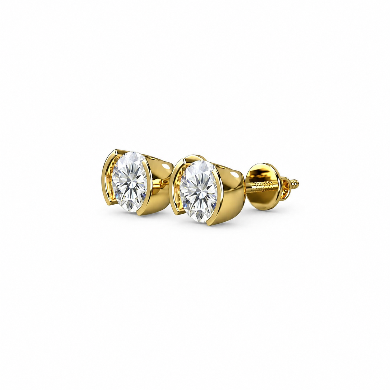 Round Shape Diamond Stud Earrings with Half Bezel Setting
