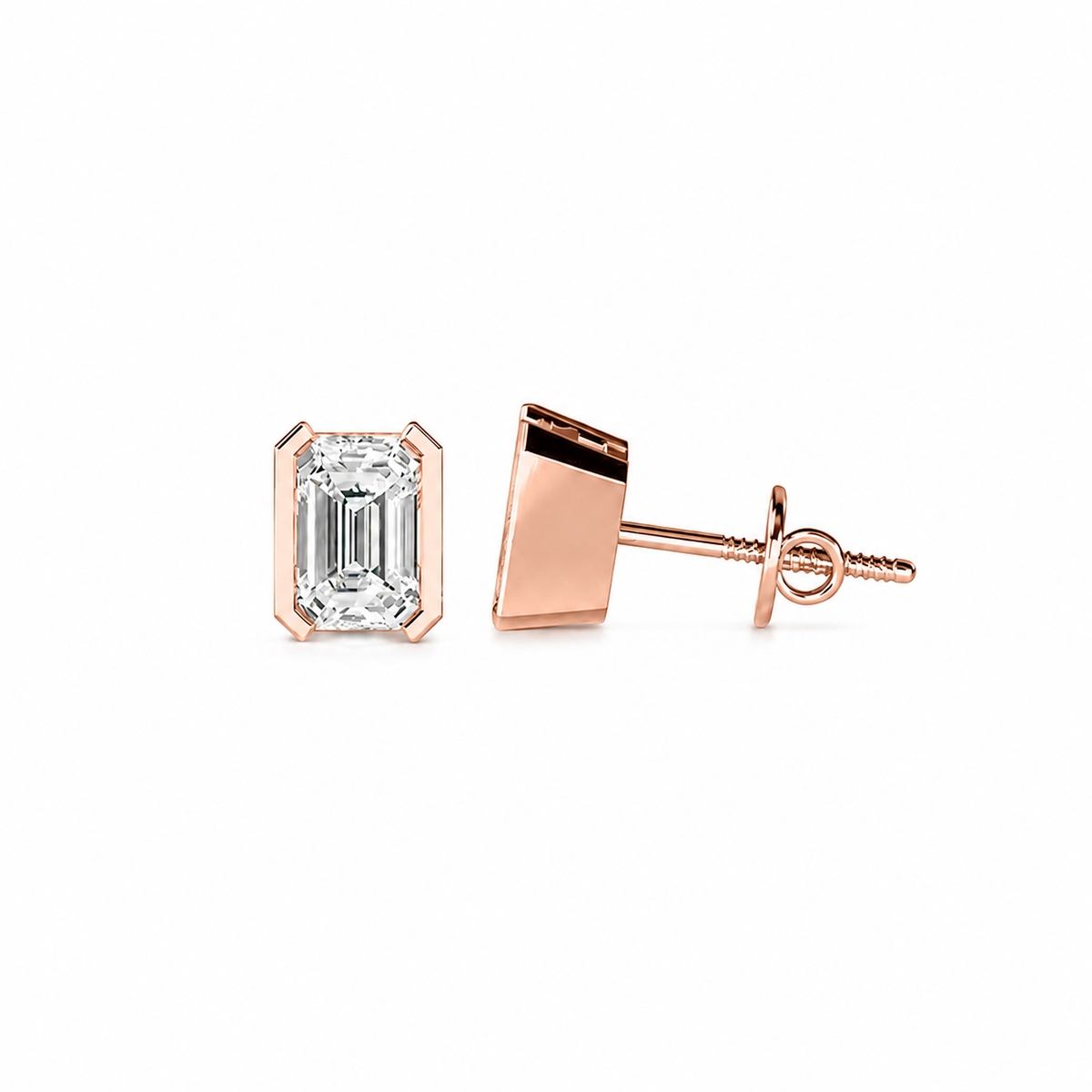 Emerald Cut Diamond Stud Earrings with Half Bezel Setting