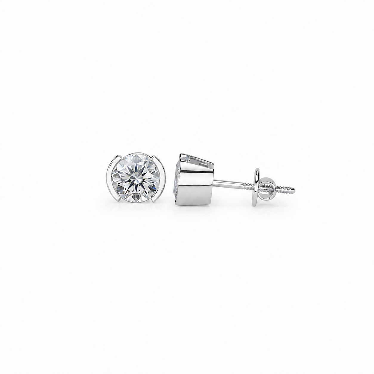 Round Shape Diamond Stud Earrings with Half Bezel Setting
