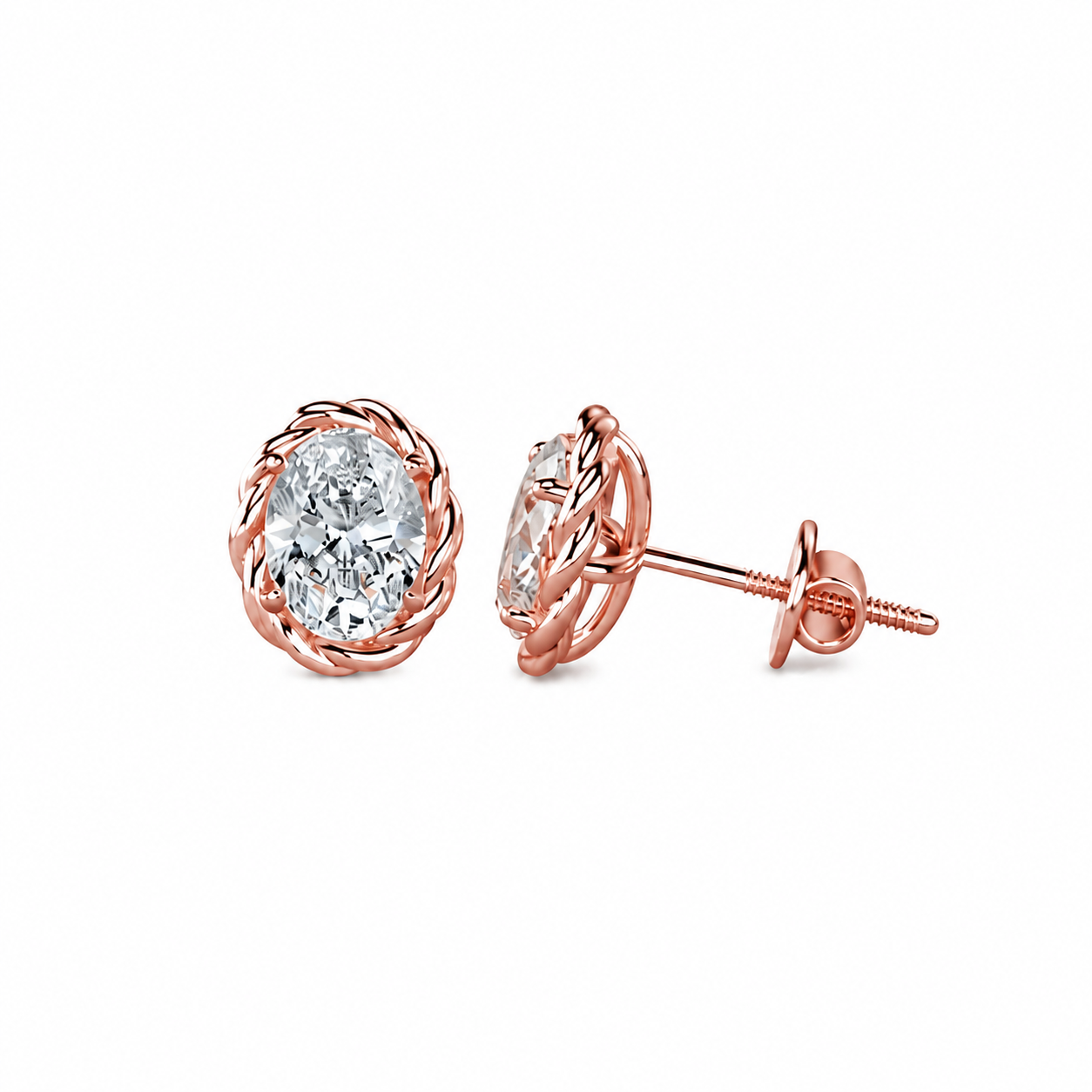 Oval Cut Diamond Stud Earrings with Twisted Rope Frame