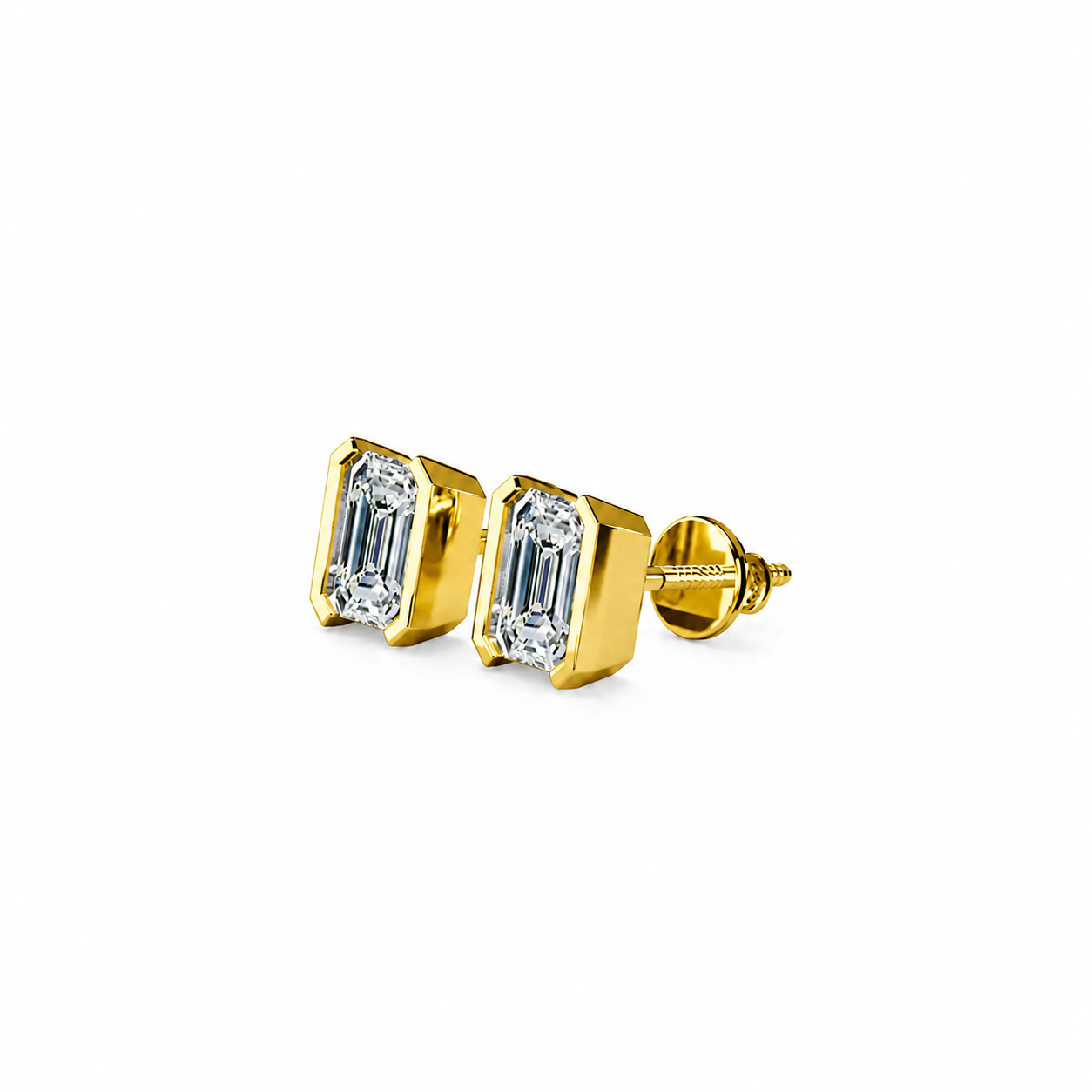 Emerald Cut Diamond Stud Earrings with Half Bezel Setting