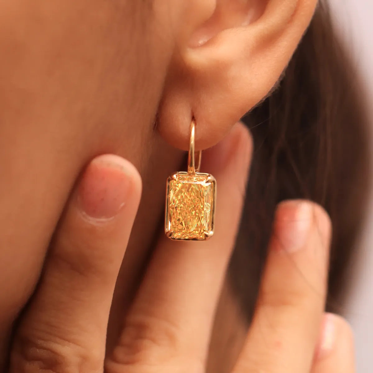 Radiant Cut Yellow Diamond Solitaire Leverback Earrings