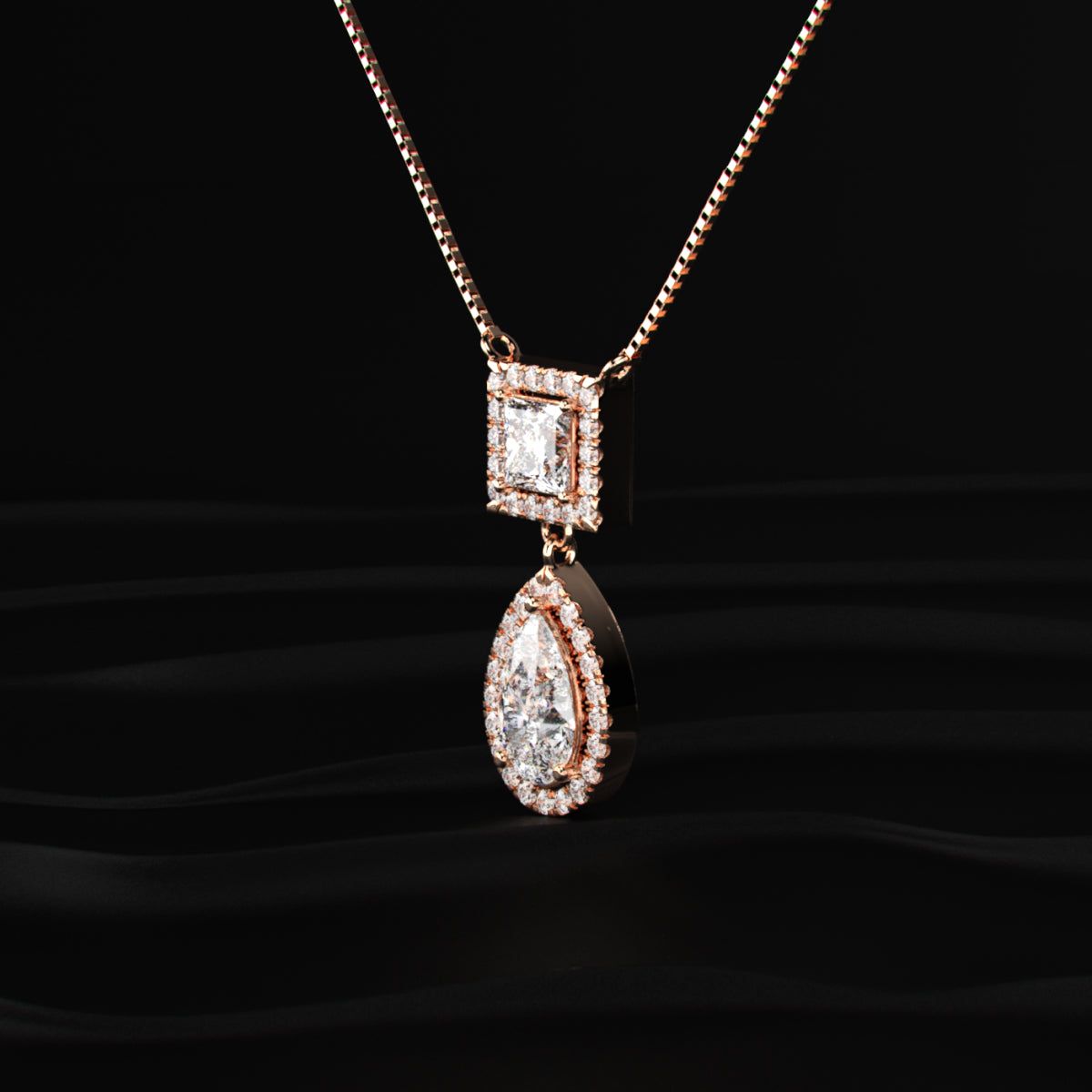 Princess and Pear Cut Diamond Halo Drop Necklace