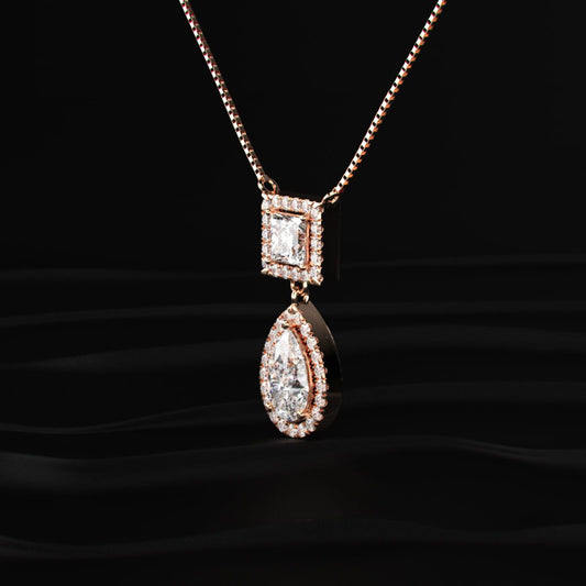 Princess and Pear Cut Diamond Halo Drop Necklace