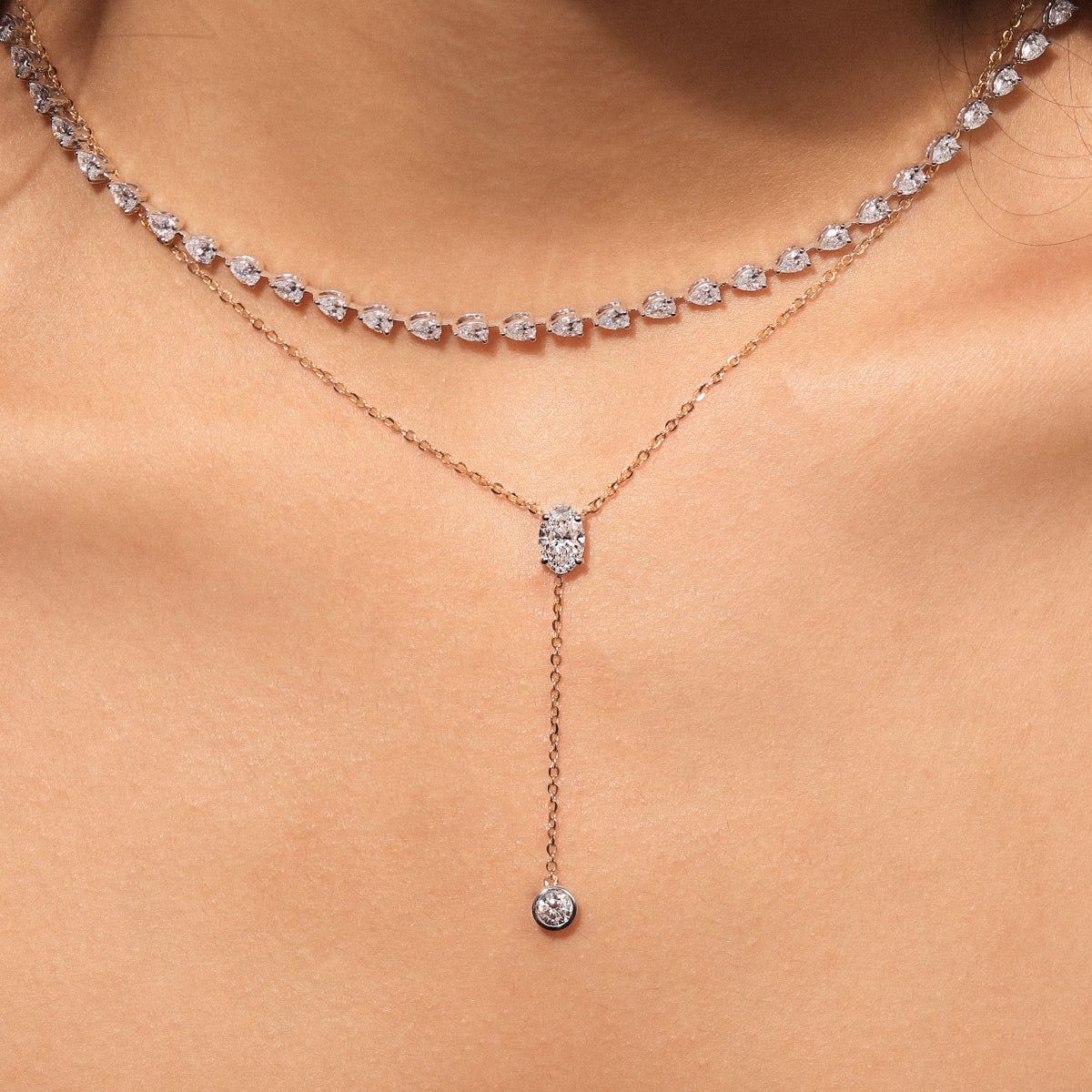 Dual Drop Diamond Y Shaped Necklace