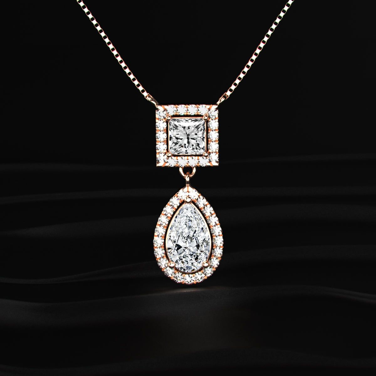 Princess and Pear Cut Diamond Halo Drop Necklace