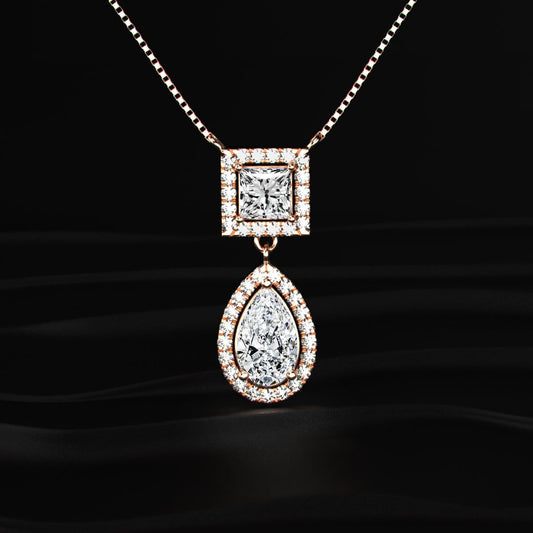 Princess and Pear Cut Diamond Halo Drop Necklace