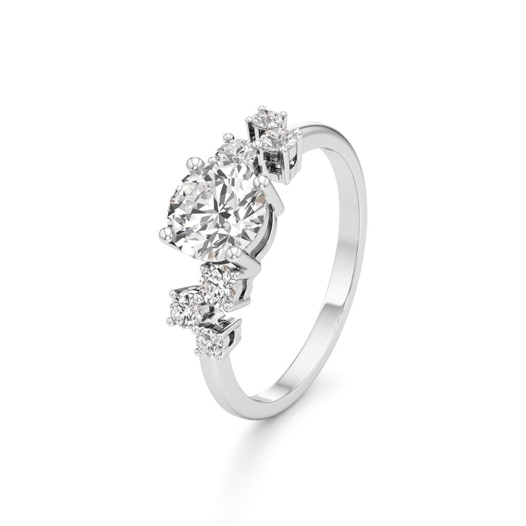 Round Solitaire with Cluster Side Stones Ring