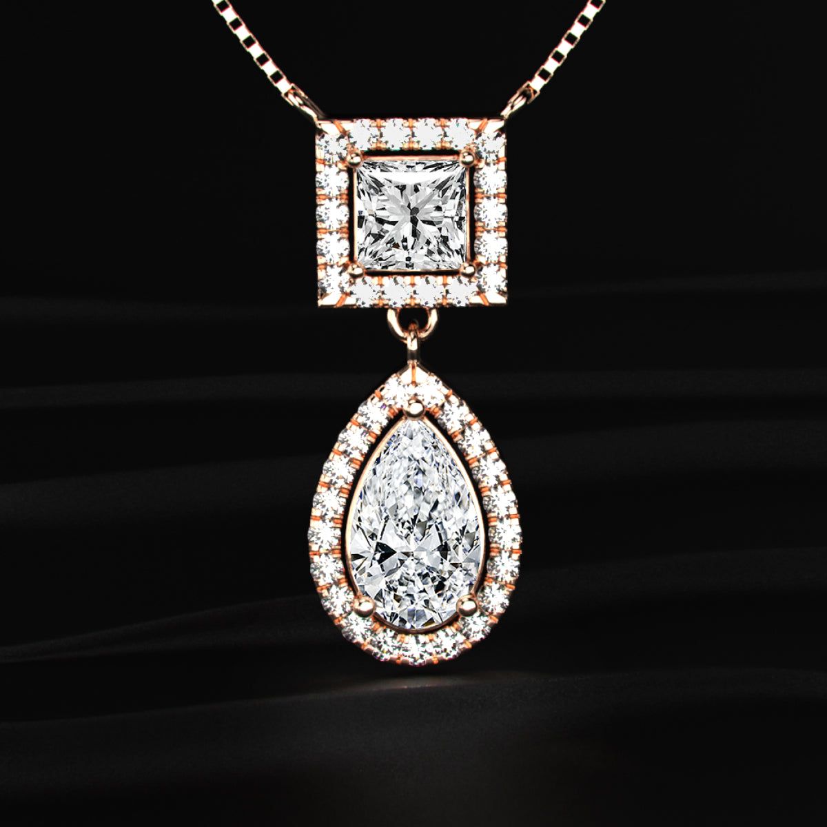 Princess and Pear Cut Diamond Halo Drop Necklace
