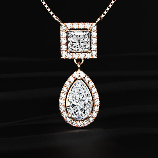 Princess and Pear Cut Diamond Halo Drop Necklace