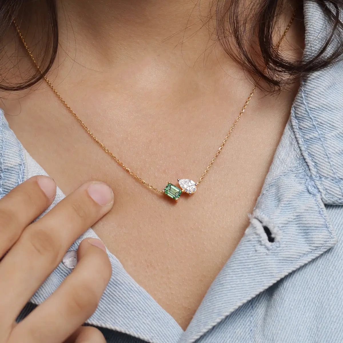 Pear And Green Emerald Diamond Toi Et Moi Necklace