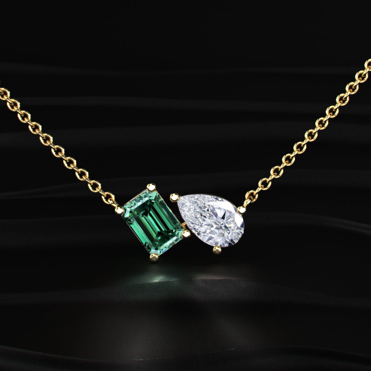 Pear And Green Emerald Diamond Toi Et Moi Necklace