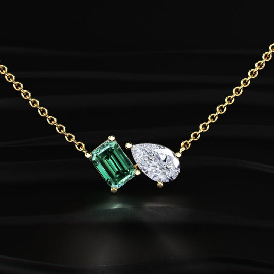 Pear And Green Emerald Diamond Toi Et Moi Necklace
