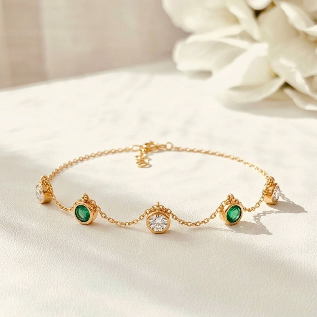 Oval Gem Round Diamond Chain Bracelet