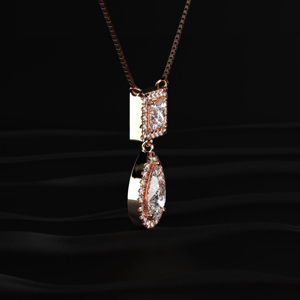 Princess and Pear Cut Diamond Halo Drop Necklace