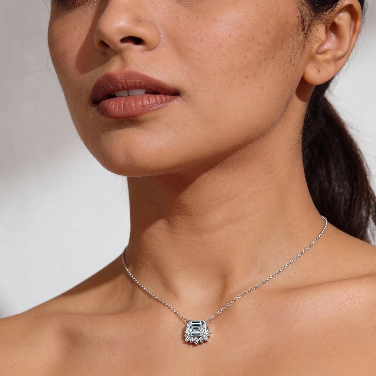 Emerald Shape Diamond Half Halo Necklace