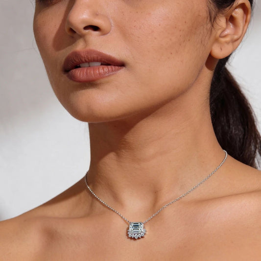 Emerald Shape Diamond Half Halo Necklace