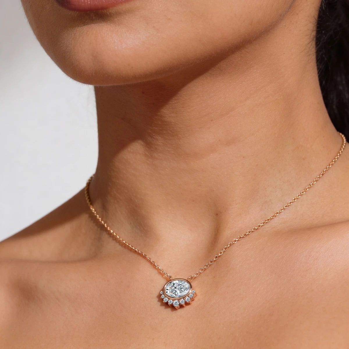 Oval Shape Diamond Half Halo Necklace