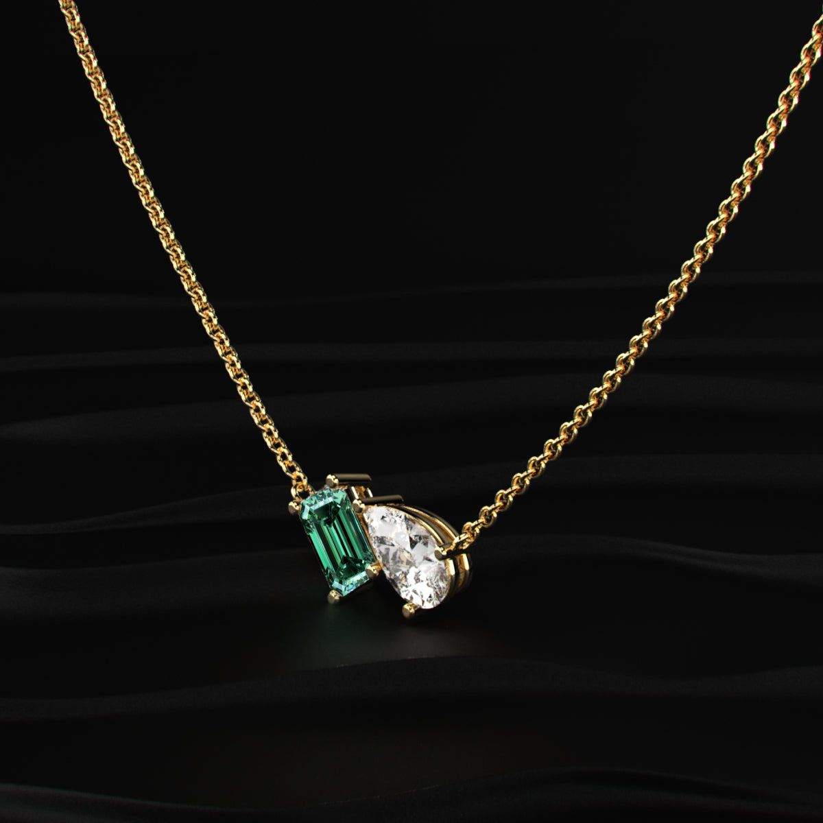Pear And Green Emerald Diamond Toi Et Moi Necklace