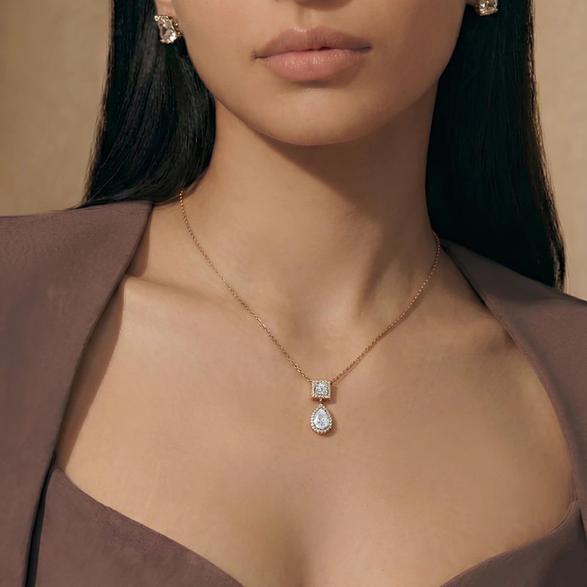 Princess and Pear Cut Diamond Halo Drop Necklace