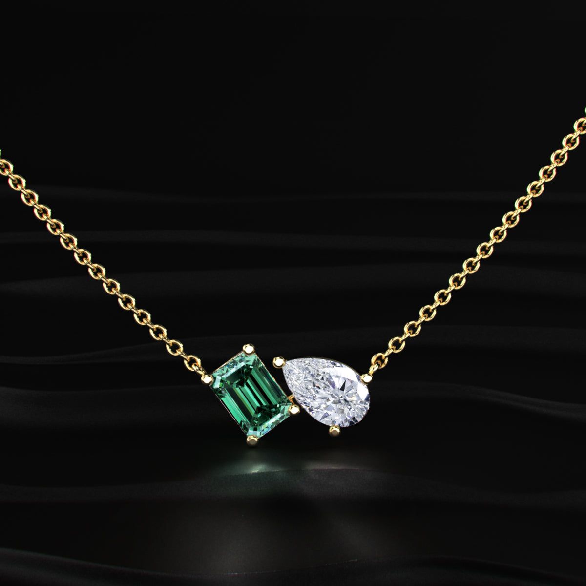 Pear And Green Emerald Diamond Toi Et Moi Necklace